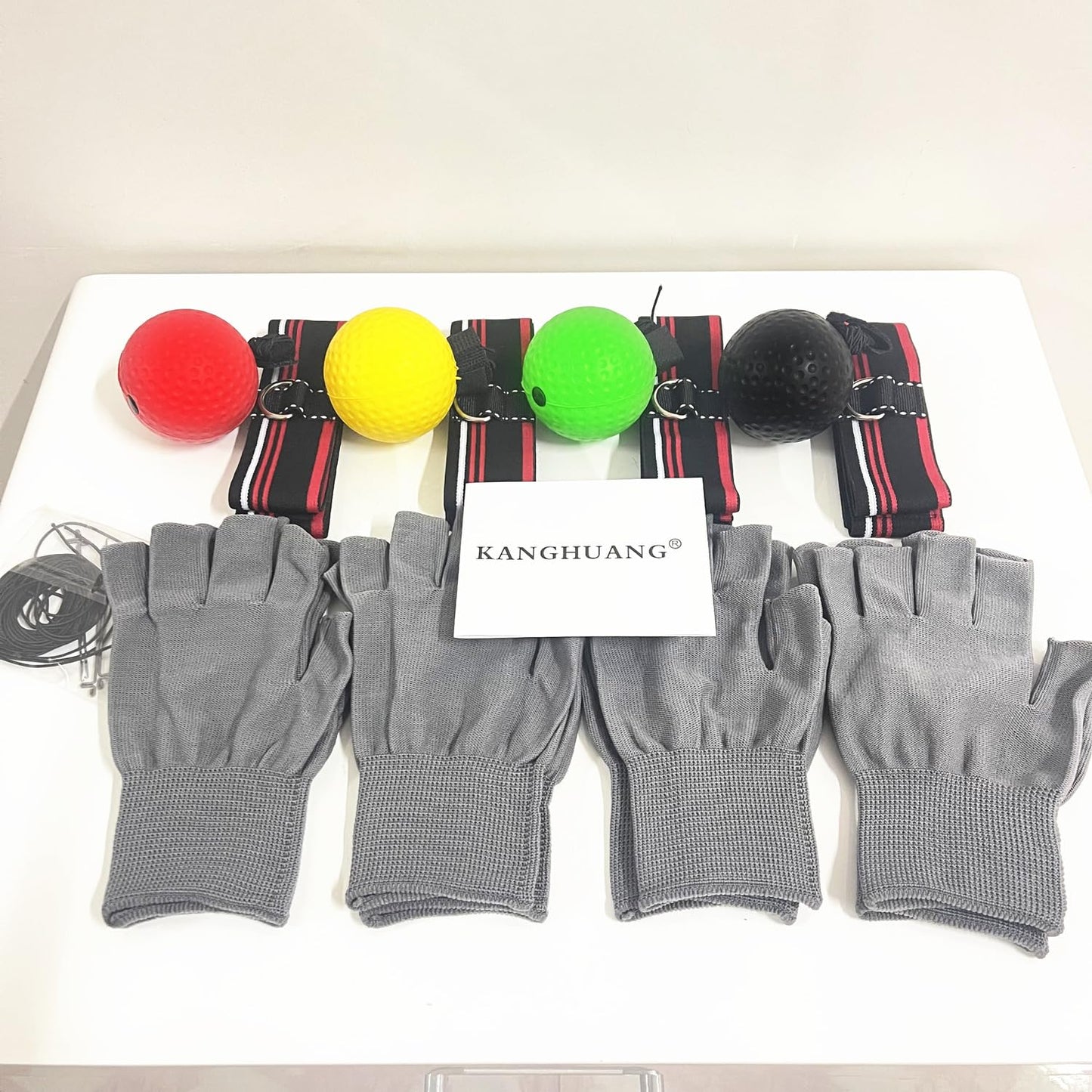 KANGHUANG Boxing Reflex Ball Headband Set for MMA Boxing Kickboxing Training Reaction Punching Balls Kit Includes 4 PU Balls+4 Elastic Headbands+4 Spare Lines+4 Gloves for All People