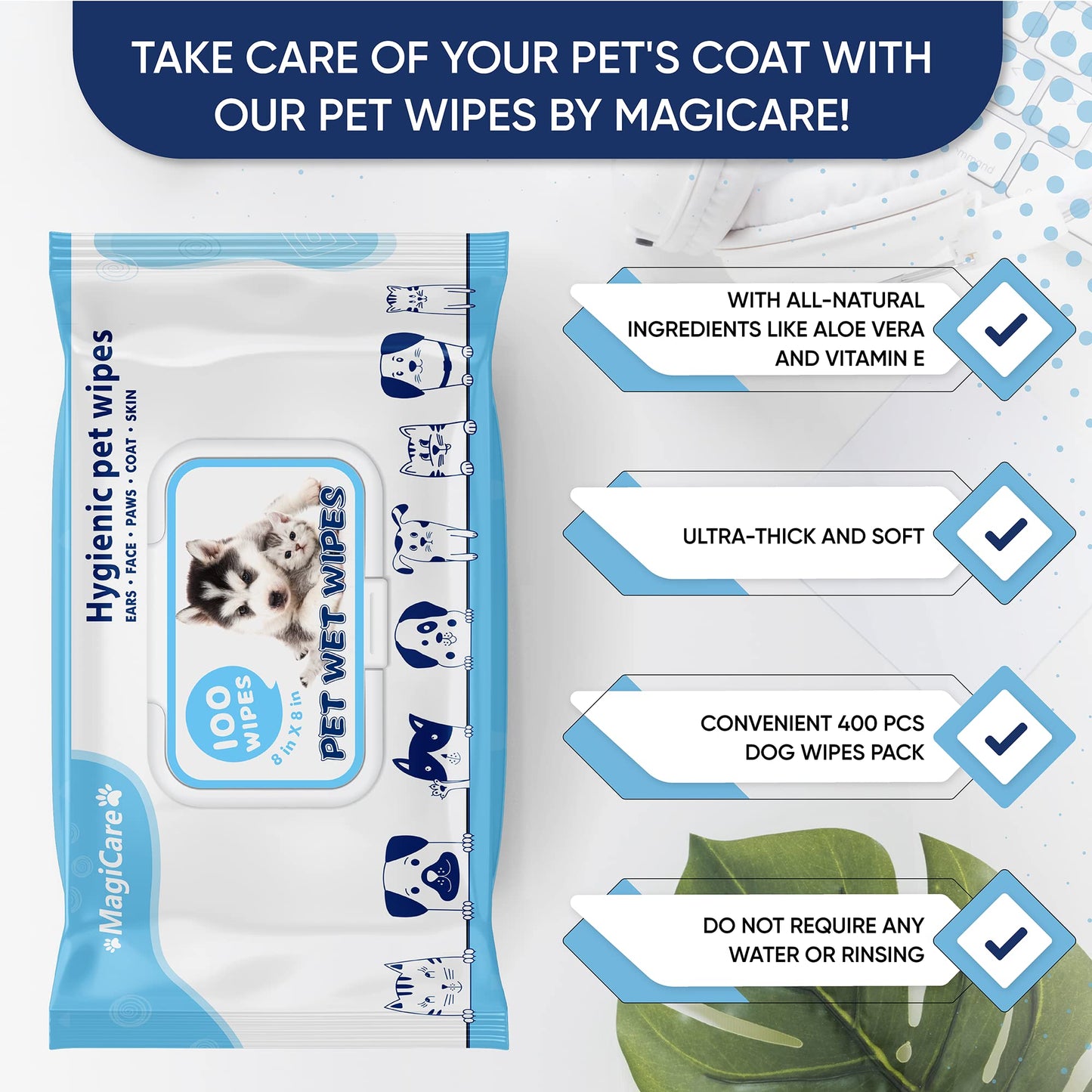 MAGICARE Pet Wipes – 400 pcs Dog Wipes – 8x8 Inch Unscented Dog Paw Cleaner Wipes for Body, Ears, Face, and Skin – Ultra Thick & Soft with Hypoallergenic Formula – Ideal Pet Wipes for Dogs & Cats