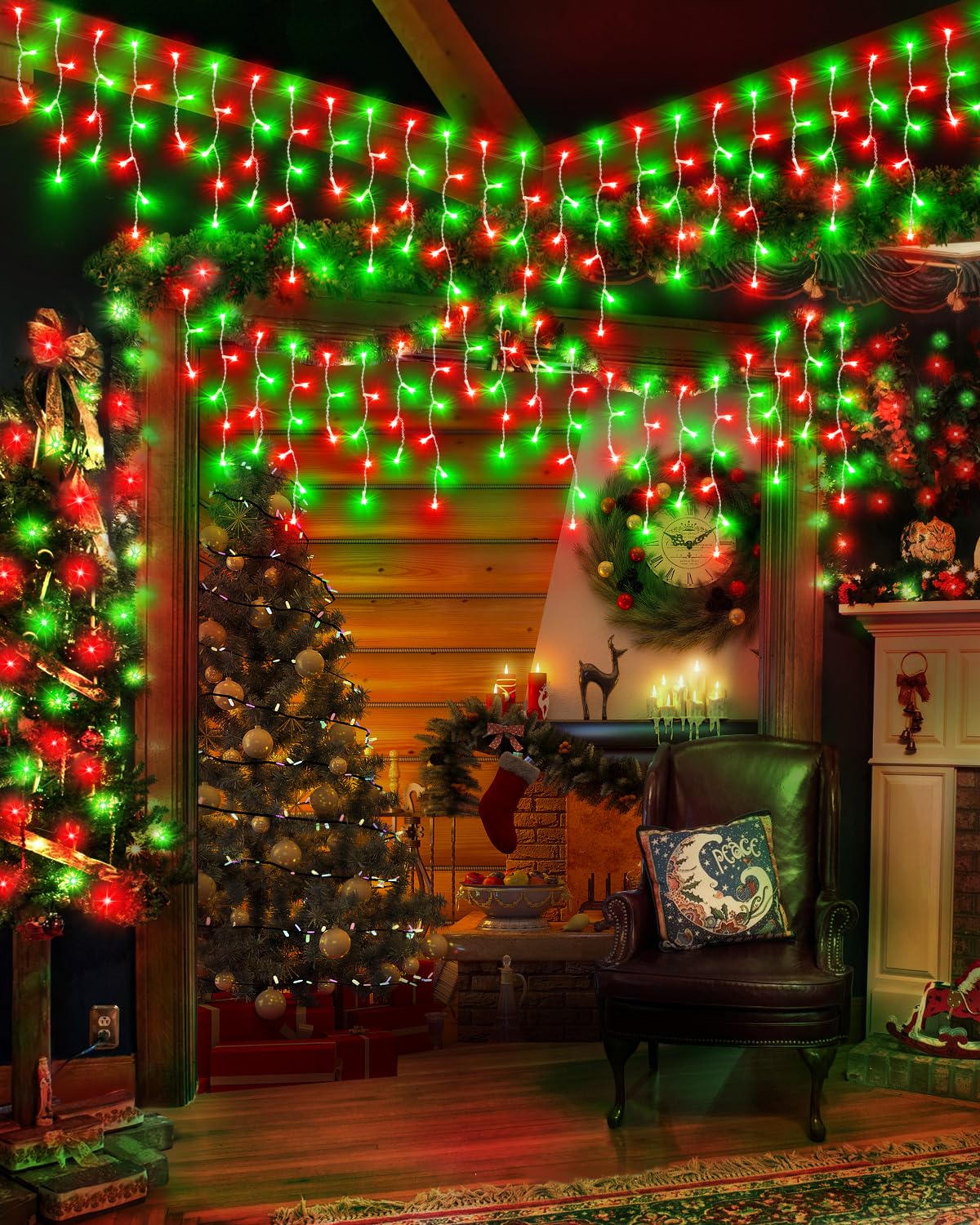 JIXXULVU Christmas Lights Outdoor, 53 FT 486 LED Christmas Lights for Outside, Timer & Memory, Plug in 8 Modes Hanging Fairy Light with 108 Drops for House Eaves Yard Patio Decorations, Red Green