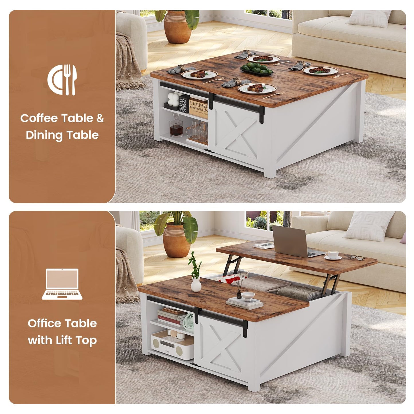 SEDETA 31.5" Lift Top Coffee Table with Storage, Square Coffee Tables for Living Room, Farmhouse Coffee Table with Large Hidden Storage Compartment and Adjustable Shelves, White
