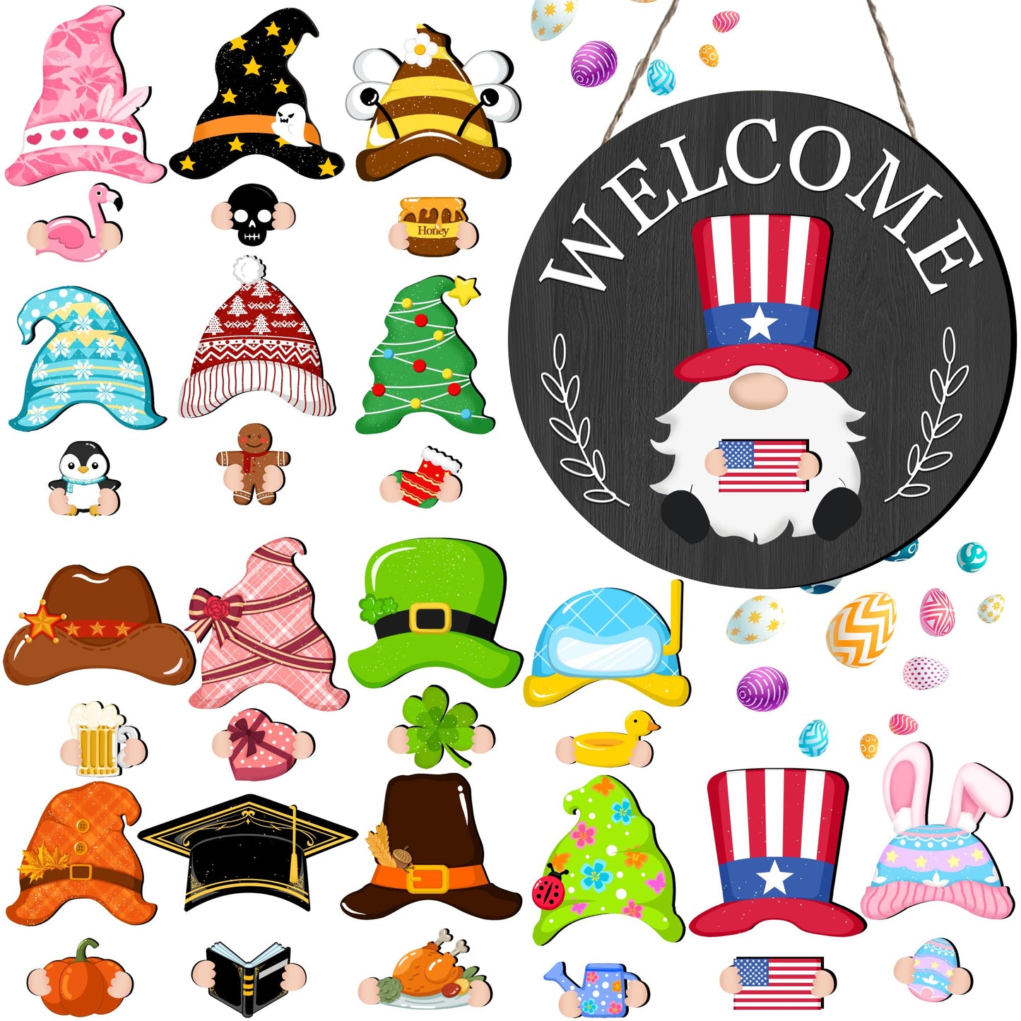 Veluckin Seasonal Gnome Wall Decor Set, 11.8 inch Wooden Round Sign with Interchangeable Holiday Hats, Welcome Door Hanging (Black grey-3)