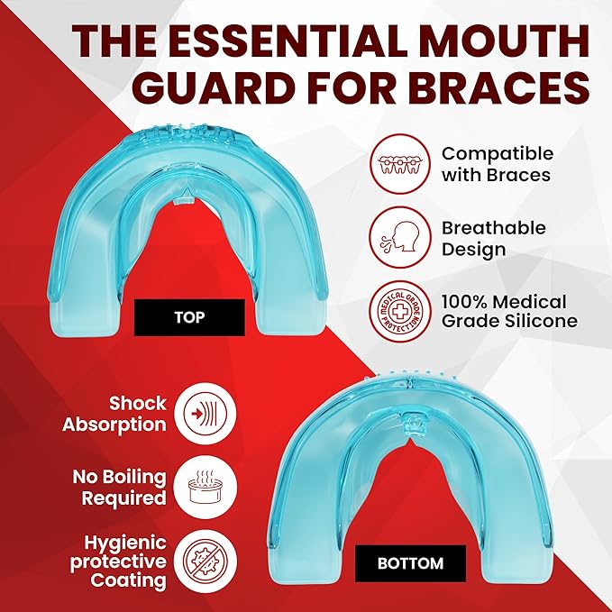 SafeGrin Blue Mouth Guard for Braces for Sports - Premium Silicone Teens & Youth Upper & Lower Teeth Protection for Sports - Football, Lacrosse, Hockey, Baseball