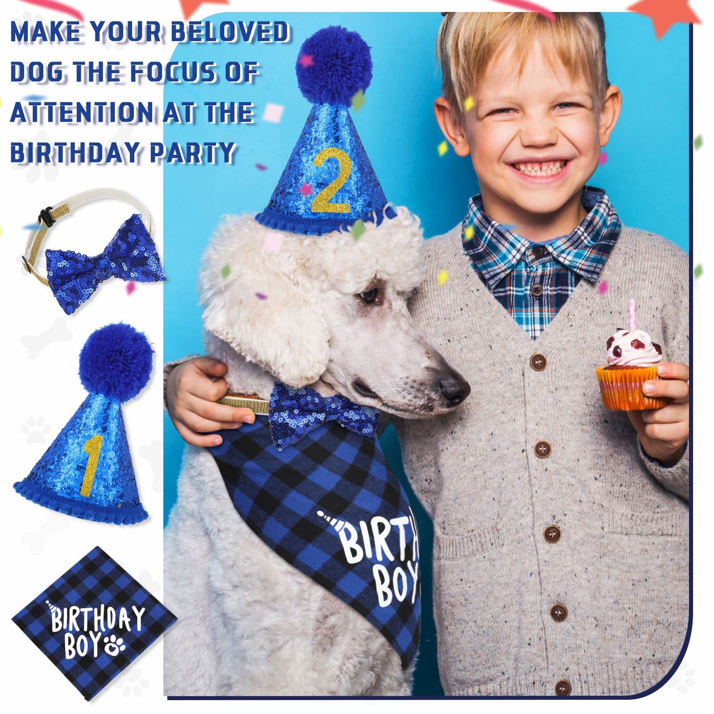 Weewooday Dog Birthday Party Supplies Birthday Boy Girl Cake Bandana Triangle Scarf Party Hat Dog Bow Tie Collar with Numbers for Large Medium Small Dog Puppy 1st Birthday(Elegant Style,Medium)