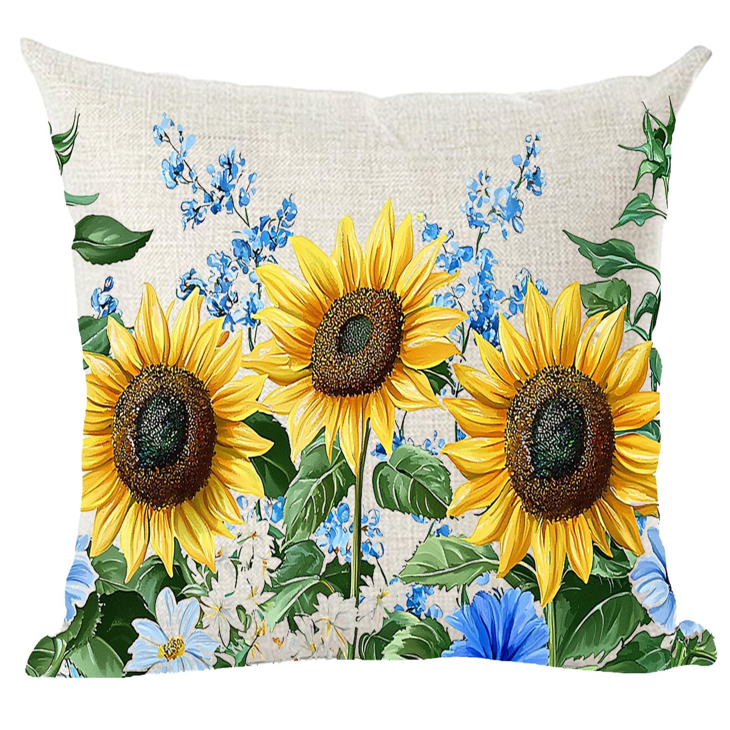 Ramirar Ink Painting Watercolor Yellow Sunflowers Blue Flowers Summer Decorative Throw Pillow Cover Case Home Living Room Bed Sofa Car Cotton Linen Square 18 x 18 Inches