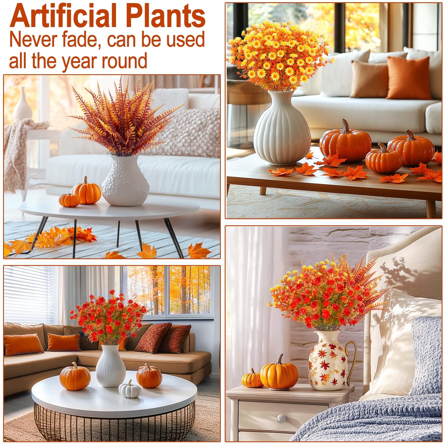 TURNMEON 12 Bundles Artificial Fall Flowers for Outdoors Fall Decorations,UV Resistant Fake Mums Faux Fall Plants Plastic Orange Boston Fern Eucalyptus Home Gardens Porch Autumn Thanksgiving Decor