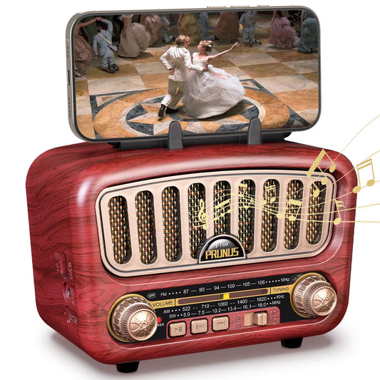 PRUNUS J-180 Vintage Retro Radio Bluetooth Speaker with Stereo Sound, AM FM Radio Portable with Loud Volume, BT5.0, TF Card & MP3 Player, Rechargeable Speaker