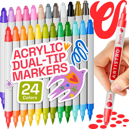 ARTISTRO 24 Acrylic Paint Markers for Fabric, Rocks, Paper, Wood, Canvas, Glass, DIY - Safe for Kids Dual Tip Acrylic Paint Pens (Dual Tip Dot + Brush, 24)