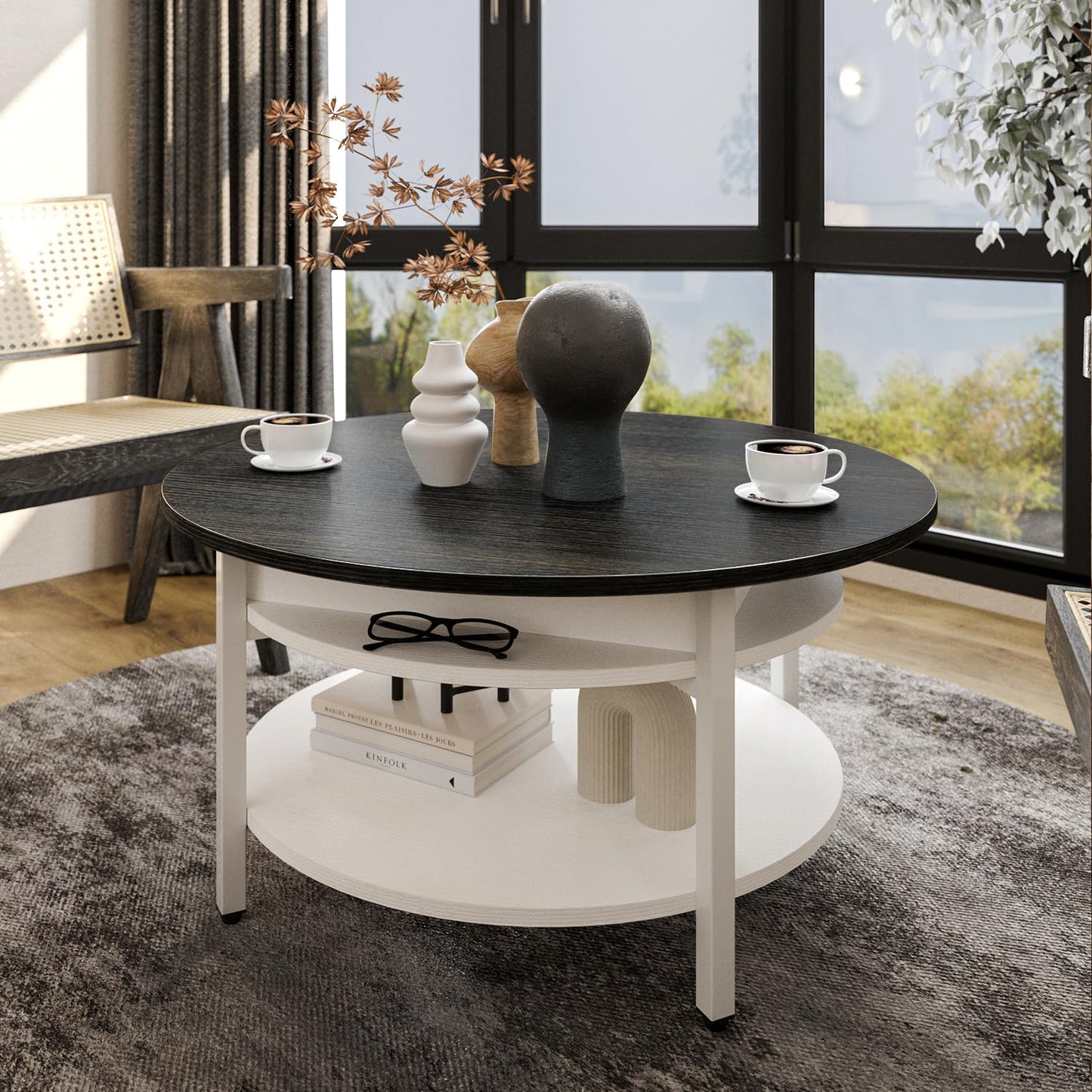 FABATO Round Lift Top Coffee Table with Storage and Hidden Compartment, 26.77'' Farmhouse Coffee Table for Living Room Reception Room, 2 Tier Small Round Coffee Table Circle Dining Table, White