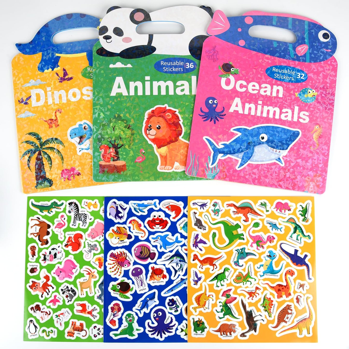 ASTARON 3 Pack Reusable 3D Puffy Sticker Book for Kids 3-6, Jelly Sticker Game Educational Sensory Learning Toy, Travel Toys and Busy Book(Animal Shade Handle)