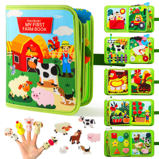 hovikoki Busy Book for Toddlers 1-3 - Montessori Toys Busy Board for 1 Year Old Boy Girl Toys Educational Quiet Activity Books Learning Board Toddler Airplane Travel Toy Birthday Gift - Farm Animals
