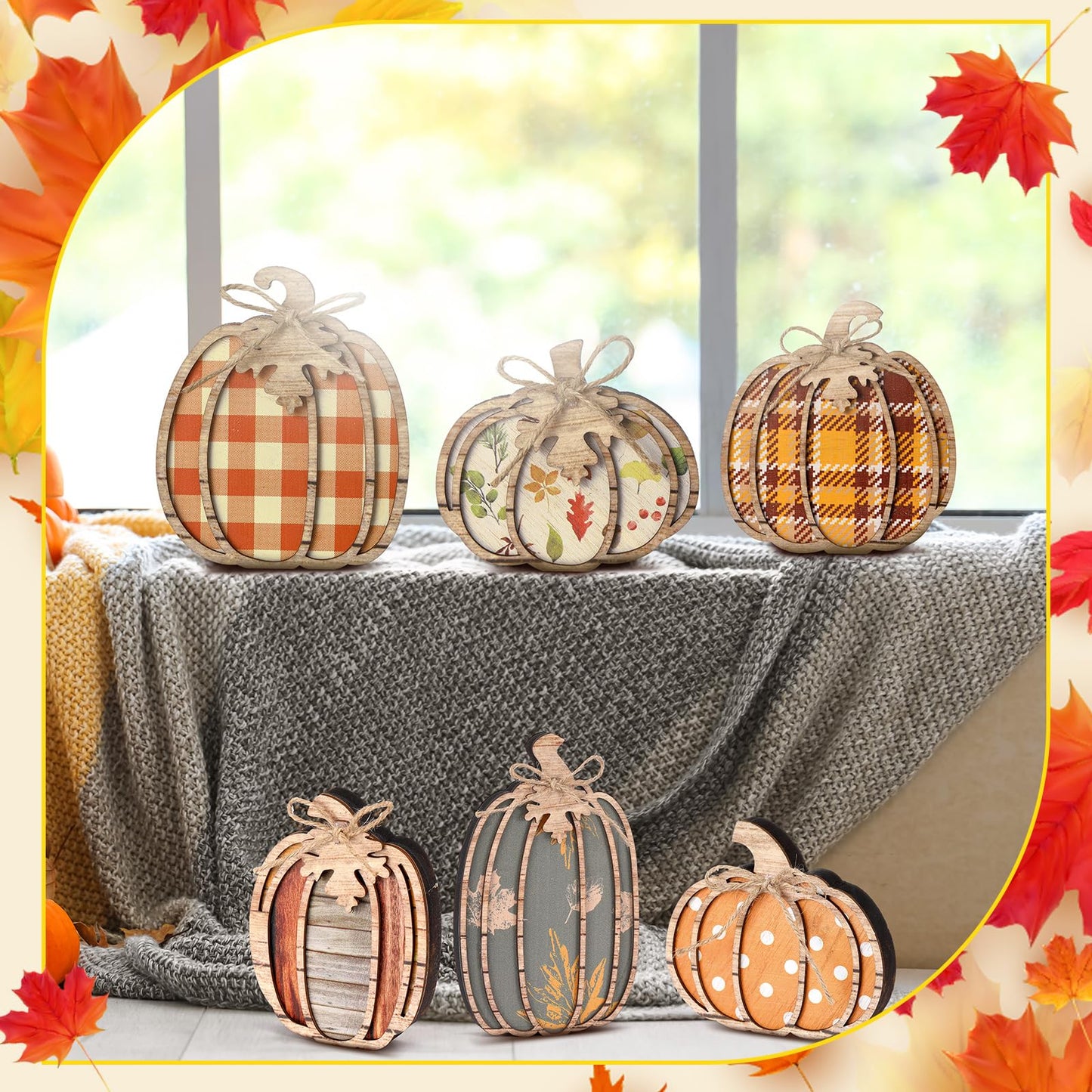 Leinuosen 6 Pcs Fall Pumpkin Decor Pumpkin Wooden Block Sign Fall Tiered Tray Decor for Home Autumn Table Centerpieces Decorations for Thanksgiving Harvest Table Mantel Shelf
