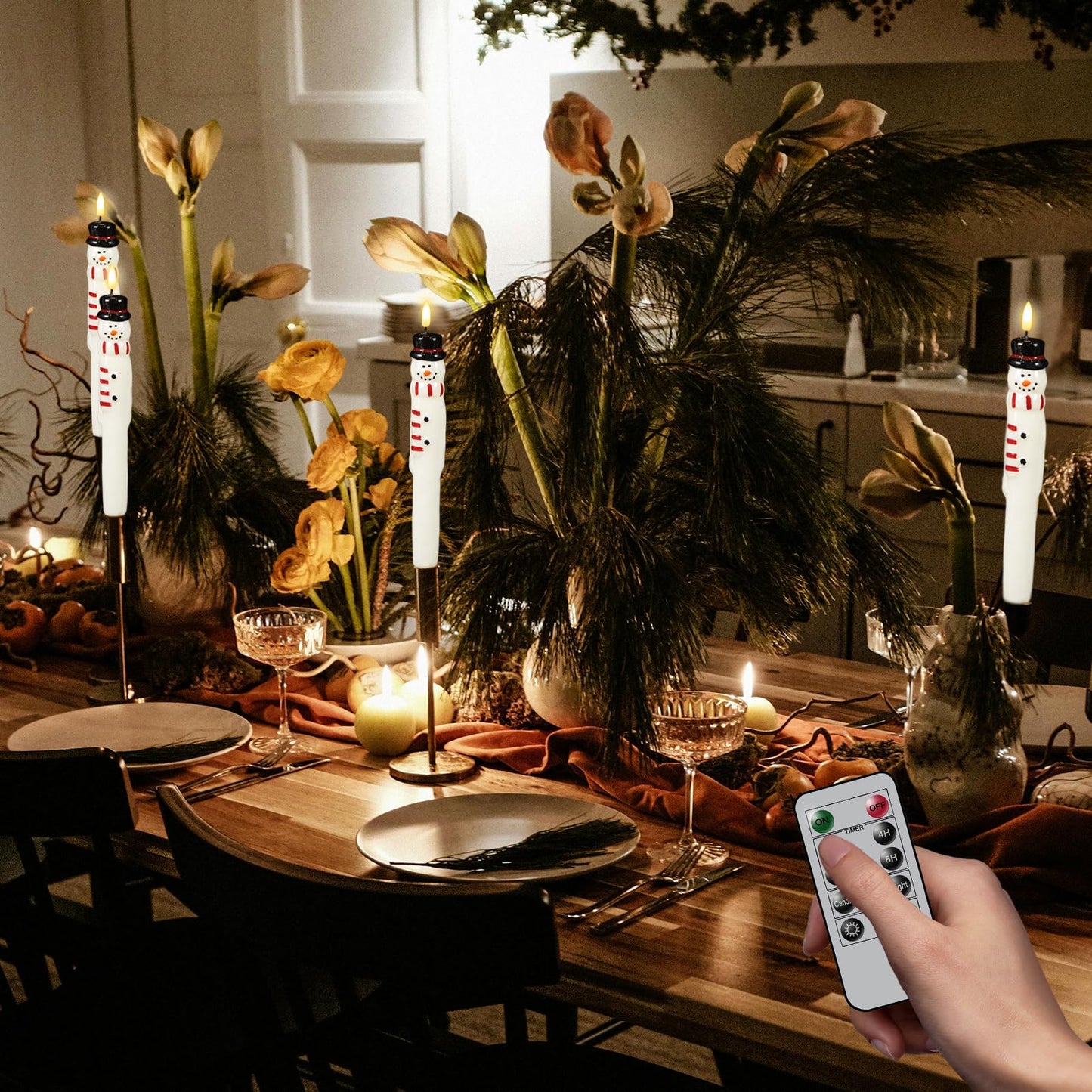 GenSwin Christmas Taper Candles with Remote Timer, 2 Pcs Snowman LED Taper Candles with 3D Flame, Battery Operated Taper Candlesticks for Christmas Winter Home Decorations(0.79” x 11.4”)