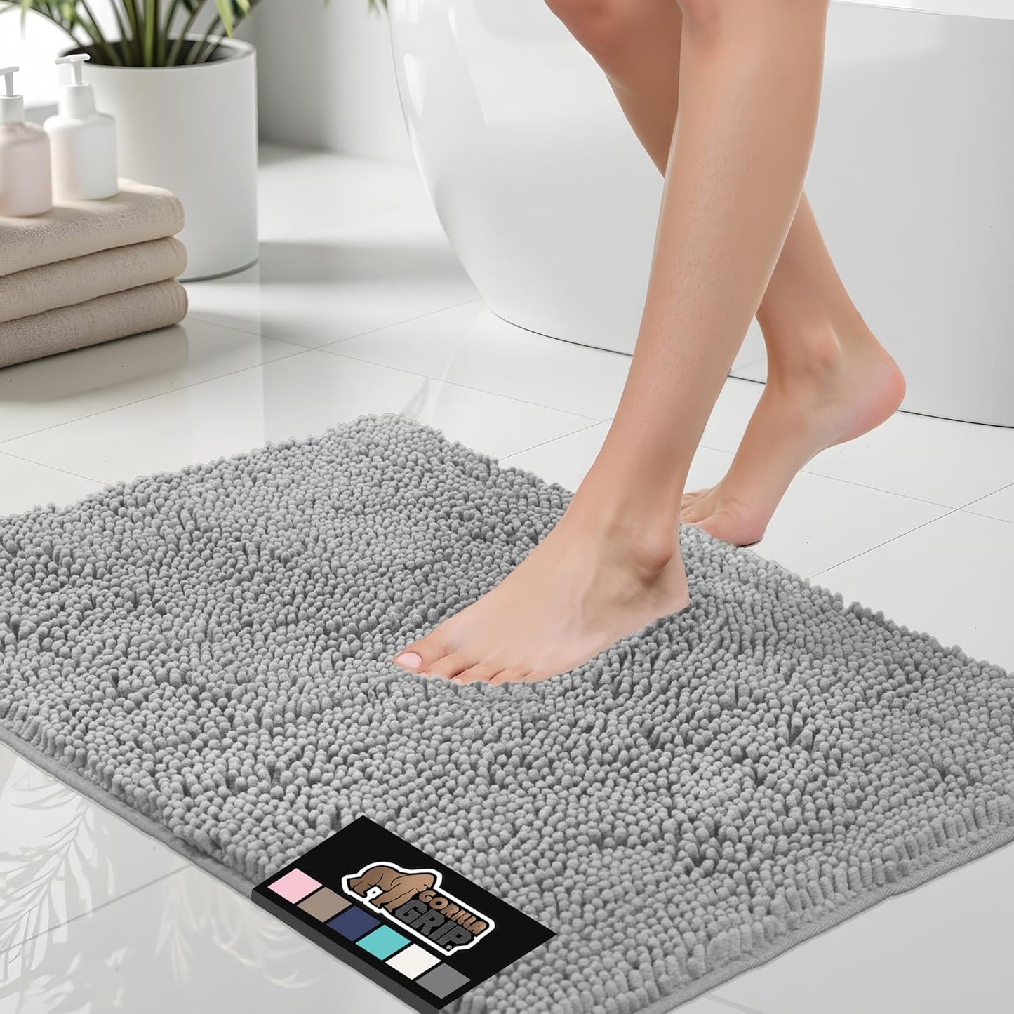 GORILLA GRIP Bath Rug Mat, Thick Soft Absorbent Chenille, Quick Dry Microfiber Mats, Rubber Backing Machine Washable Shower Floor Rugs, Bathmat Runner, Bathroom Home Decor Accessories, 24x17, Grey