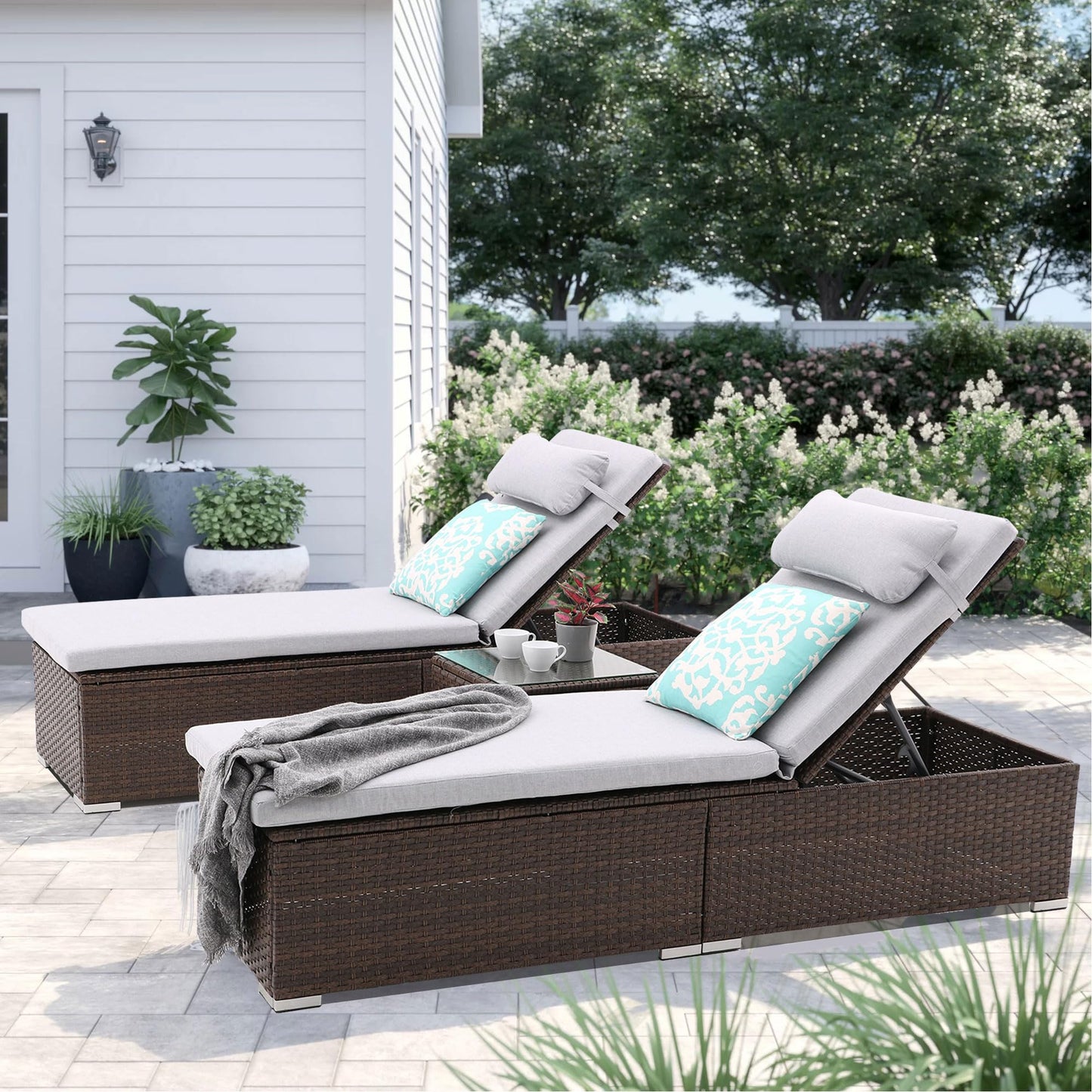 iArtHand 3 Pcs Patio Chaise Lounge with Coffee Table Cushion&Pillow Outdoor Lounge Chair Chaise Lounger Patio Reclining Chair 5 Angle Adjustment Brown Rattan for Courtyards Poolside Garden