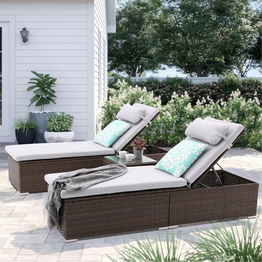 iArtHand 3 Pcs Patio Chaise Lounge with Coffee Table Cushion&Pillow Outdoor Lounge Chair Chaise Lounger Patio Reclining Chair 5 Angle Adjustment Brown Rattan for Courtyards Poolside Garden