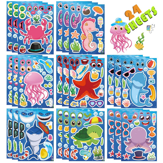 24 Sheets Ocean Stickers for Kids, Make Your Own Sea Animal Mix and Match Sticker Sheets, Make a Face Stickers for Kids Activities Supplies Crafts