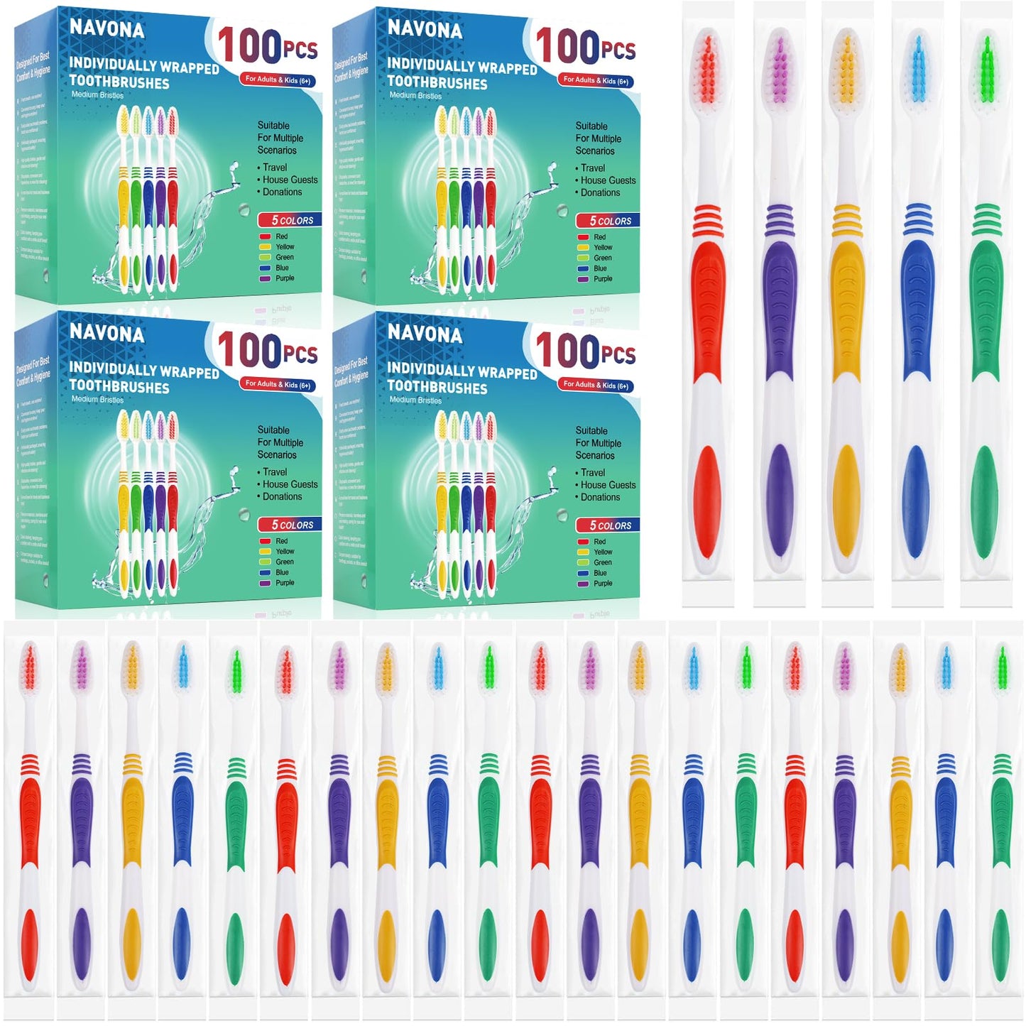 Navona 200 PCS Premium Individually Wrapped Bulk Toothbrush Pack, Disposable Toothbrushes, Kids Toothbrush, Medium Soft Bristle Toothbrushes, Ergonomics Handle, Perfect for Travel Hotel Donation