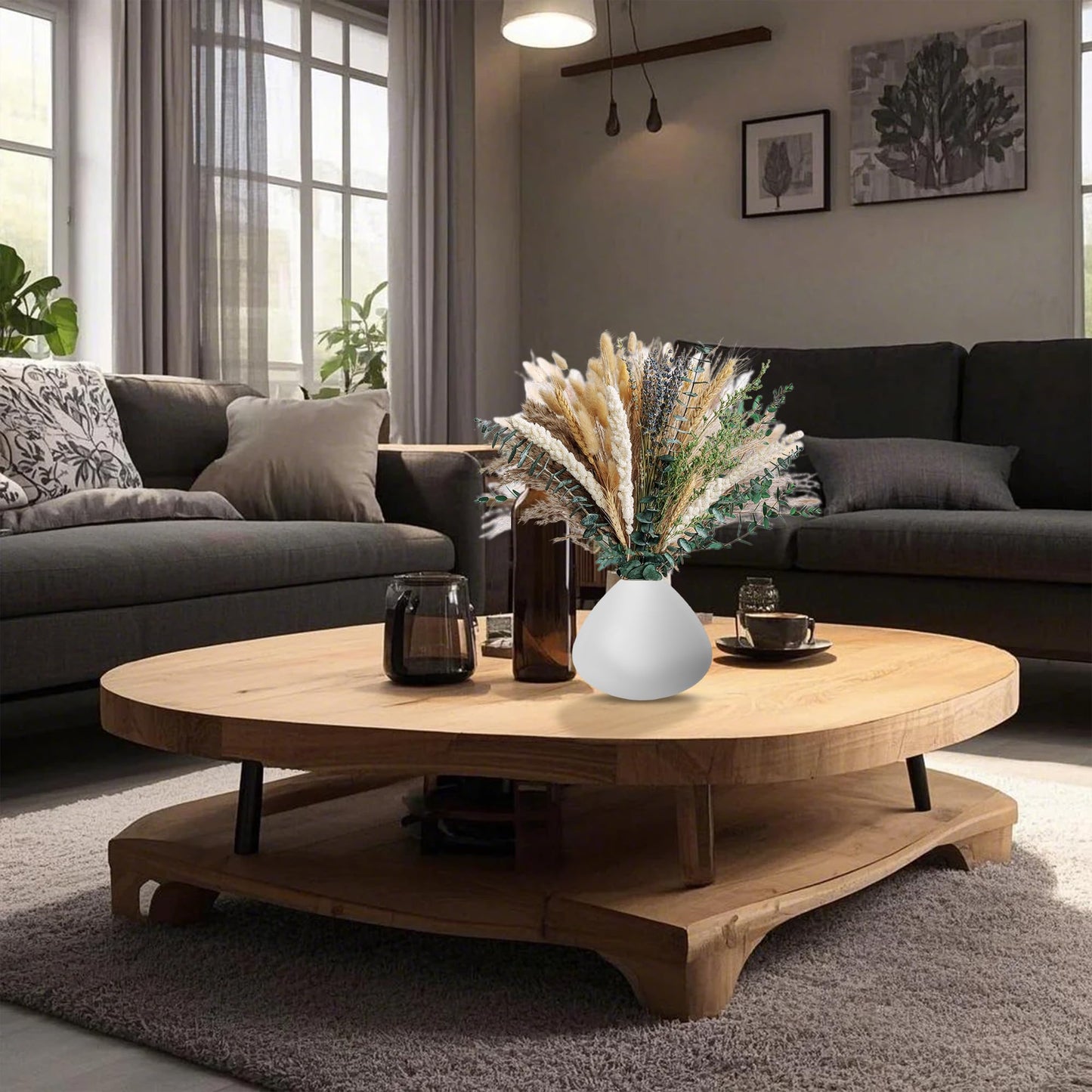 Boho Dried Flower Bouquet – Pampas Grass Bouquet with Lavender, Eucalyptus, Wheat & Bunny Tail – Rustic Dried Floral Arrangement for Olive Green Decor, Farmhouse Flowers, and Wedding Centerpieces