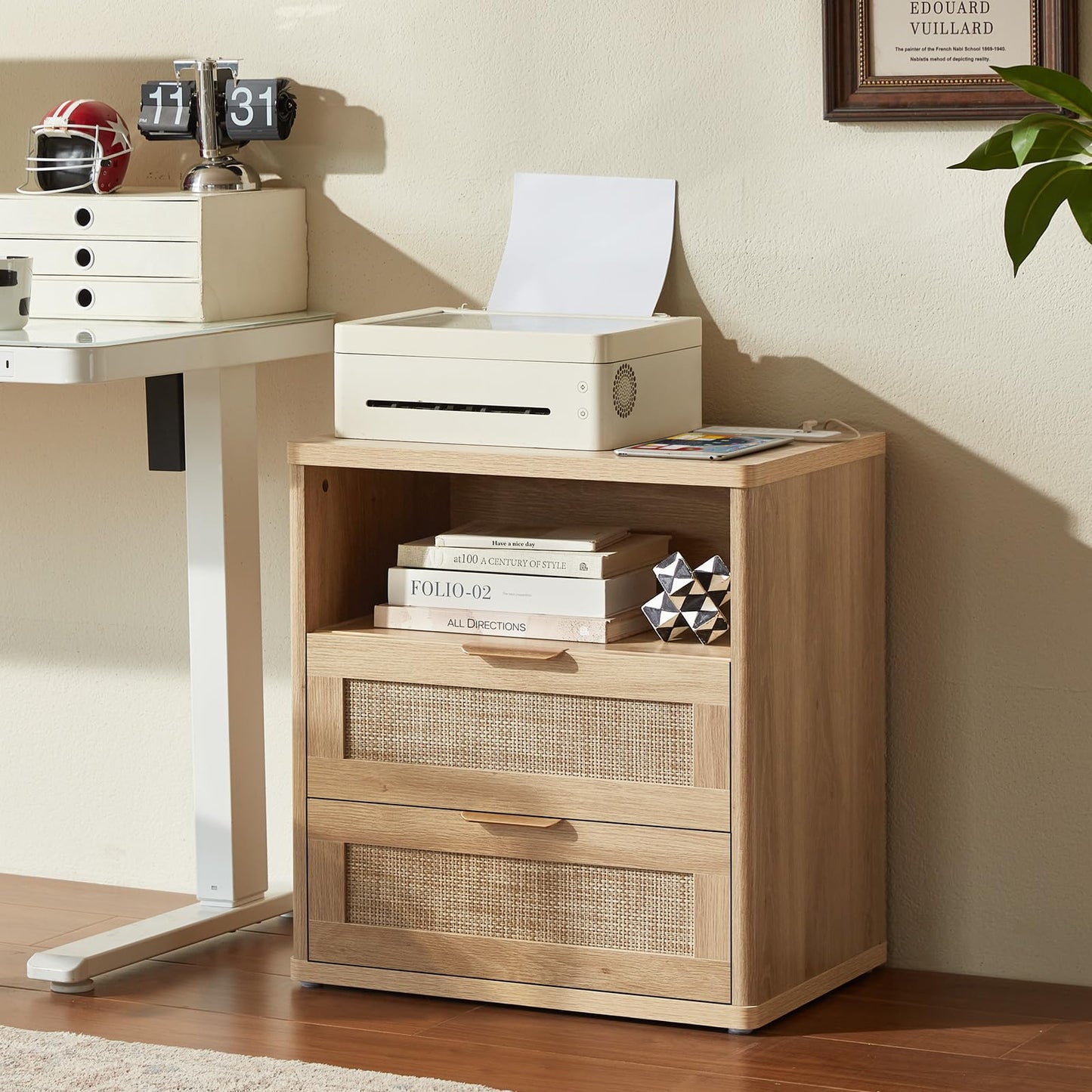 LEYAOYAO Rattan Night Stand with Charger Station, 23" Wide Boho Nightstand with 2 Drawers, Natural Wood Bedside Table Open Storage Cabinet, Bed Side End Tables Dresser for Bedroom, Living Room Hallway