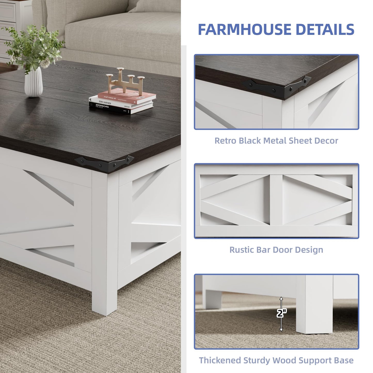 Buytime Farmhouse Lift Top Coffee Table with Storage, Wood Square Center Table with Charging Station, Living Room Table with Large Hidden Space, Rustic White