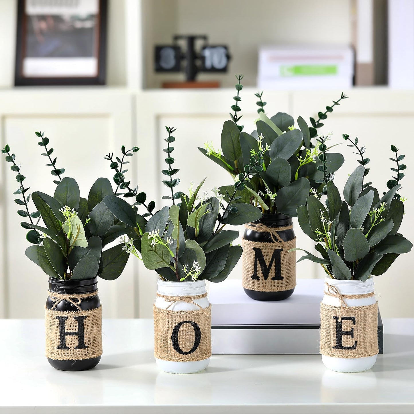 4 Pcs Home Centerpiece for Table Artificial Eucalyptus Mason Jar Centerpieces with Vase and Fake Plants Home Tabletop Tiered Tray Decor for Office Farmhouse Bathroom Dining Kitchen Decor