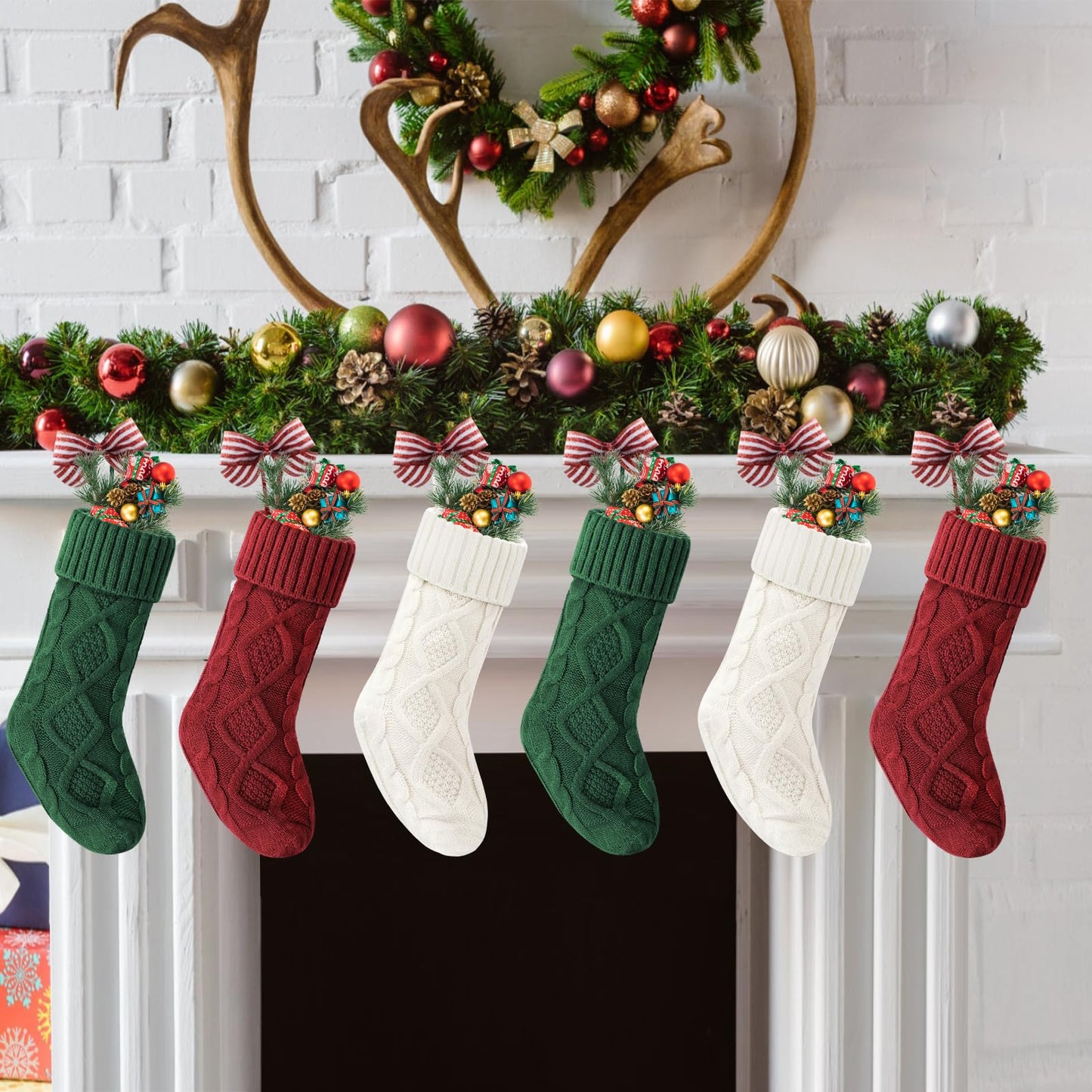 VIBILIA Christmas Stockings 6 Pack, 18 Inches Large Size Knitted Xmas Stocking for Fireplace, Holiday Party Decorations (Green White Red)