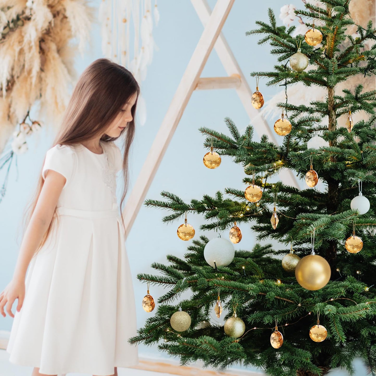 LUMITI 12 Pcs Crystal Glass Christmas Balls Ornaments, 1.18″ Mini Round Prism Flower Xmas Tree Decorations, Hanging Ornament for Wedding Party Home Decor (Gold)