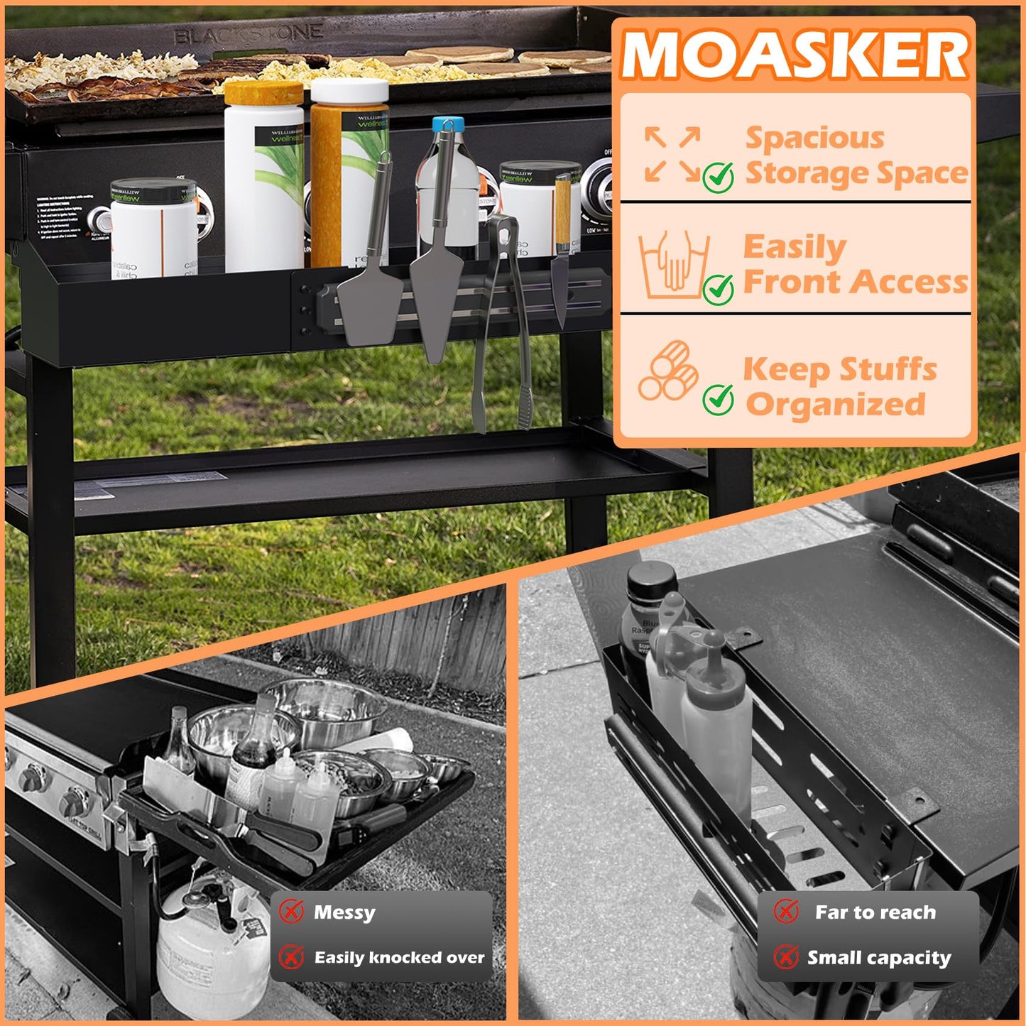 MOASKER Front Griddle Caddy for Blackstone 36" Griddle, Accessories Storage Bin with Magnetic Tool Holder for Blackstone 36 Inch Grill Caddy Organizer, Front Bottle/Spatula/Tool Shelf for Black Stone