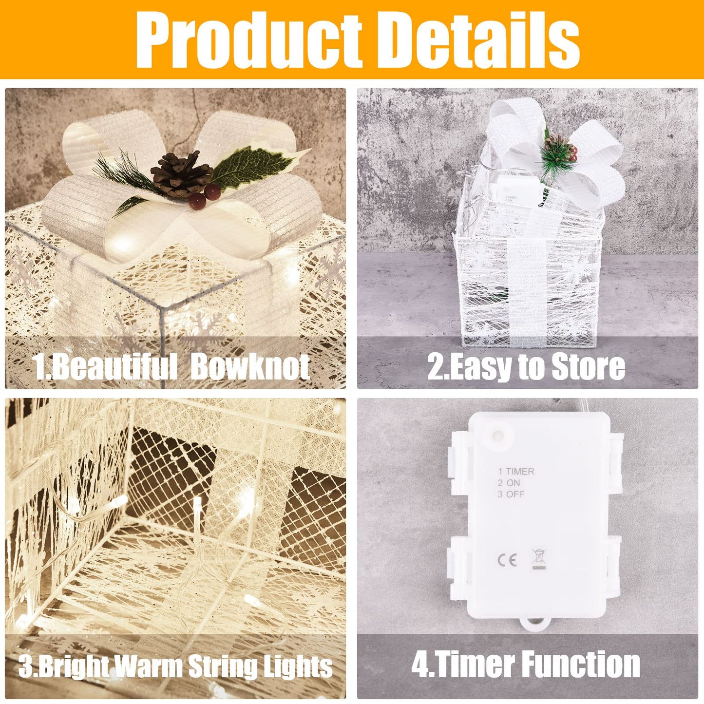 Christmas Lighted Gift Boxes, Set of 3 Christmas Decorations for Home, Light up Christmas Ornaments, Warm White LED with Bows for Indoor Party Holiday, Christmas Decor(Snow)