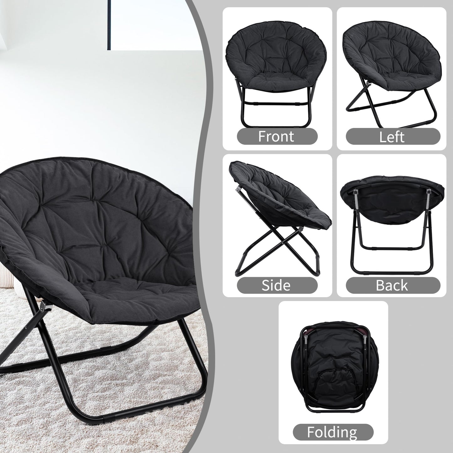 Folding Faux Fur Saucer Chair,Portable Folding Soft Moon Chair for Bedroom, Dorm Rooms, Apartments, Lounging, Garden and Courtyard, Black
