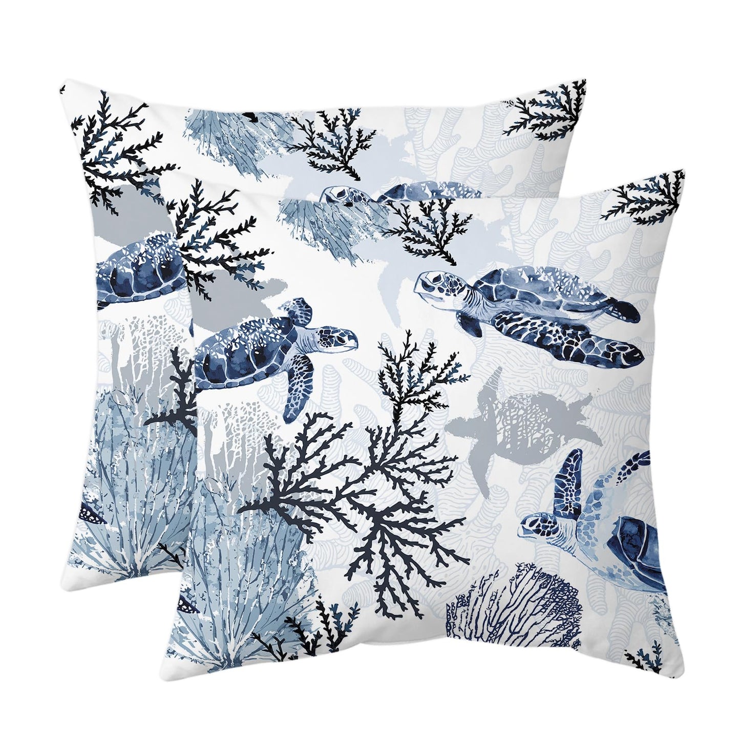 weesire Nautical Coastal Throw Pillow Covers Set of 2 Beach Themed Ocean Coral Sea Turtle Decorative Pillow Cases Outdoor Sofa Cushion Cover for Bedroom Living Room, 18x18, Blue