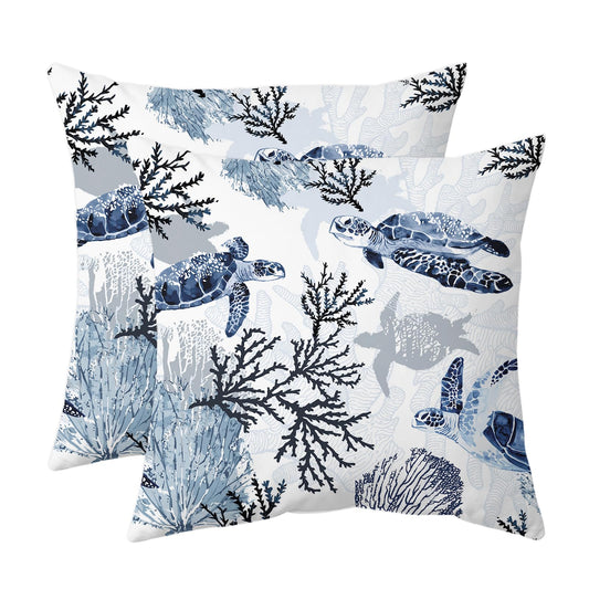 weesire Nautical Coastal Throw Pillow Covers Set of 2 Beach Themed Ocean Coral Sea Turtle Decorative Pillow Cases Outdoor Sofa Cushion Cover for Bedroom Living Room, 18x18, Blue