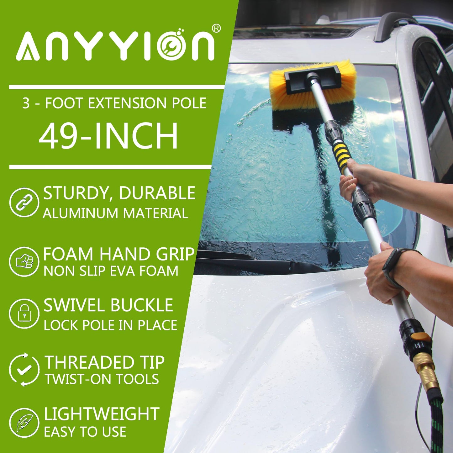 Anyyion 49 Inch Car Wash Brush with 10 Inch Soft Bristle, On/Off Switch for Car Truck Boat Washing Brush, Perfect for Cleaning House Siding, Auto Cars, Trucks, SUV, RV, Floors and More!