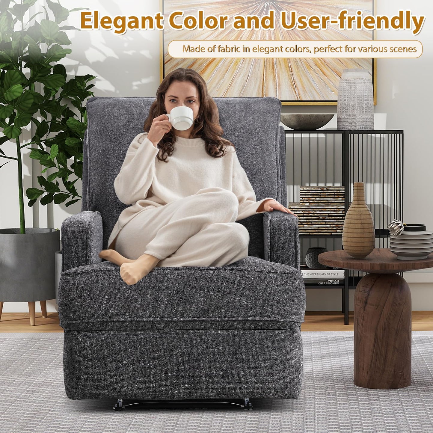 HAOMARKETS Classic Manual Recliner Chair for Adults, Soft Fabric Overstuffed Reclining Sofa Chair with Padded Backrest, Heavy Duty Recliners for Living Room, Grey