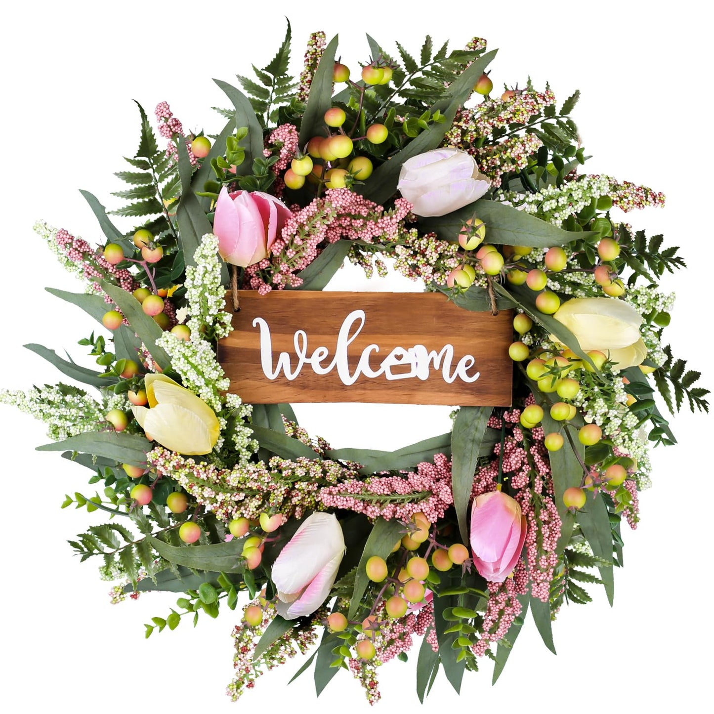 Wreaths for Front Door 24 Inch Spring Summer Tulip Wreath withTulip,Berries,Boxwood and Cattails Welcome Door Wreath, Porch, Window Green Decor for Home, Farmhouse - Spring, Summer, Fall, All Seasons