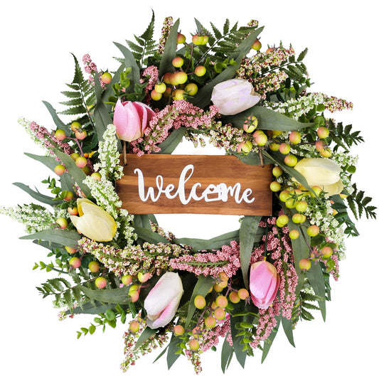Wreaths for Front Door 24 Inch Spring Summer Tulip Wreath withTulip,Berries,Boxwood and Cattails Welcome Door Wreath, Porch, Window Green Decor for Home, Farmhouse - Spring, Summer, Fall, All Seasons