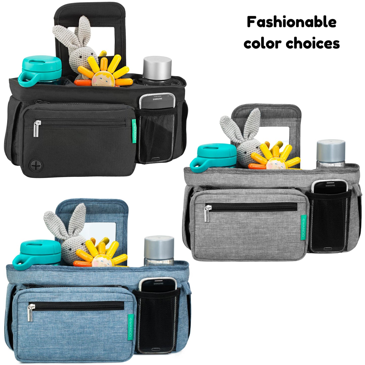 Swanoo Stroller Caddy Stroller Organizer With Cup Holder, Non Slip Straps Stroller Bag for Phone, Pet Stroller Accessories, Universal Fits Uppababby Vista v2 Wonderfold Wagon, Doona and More