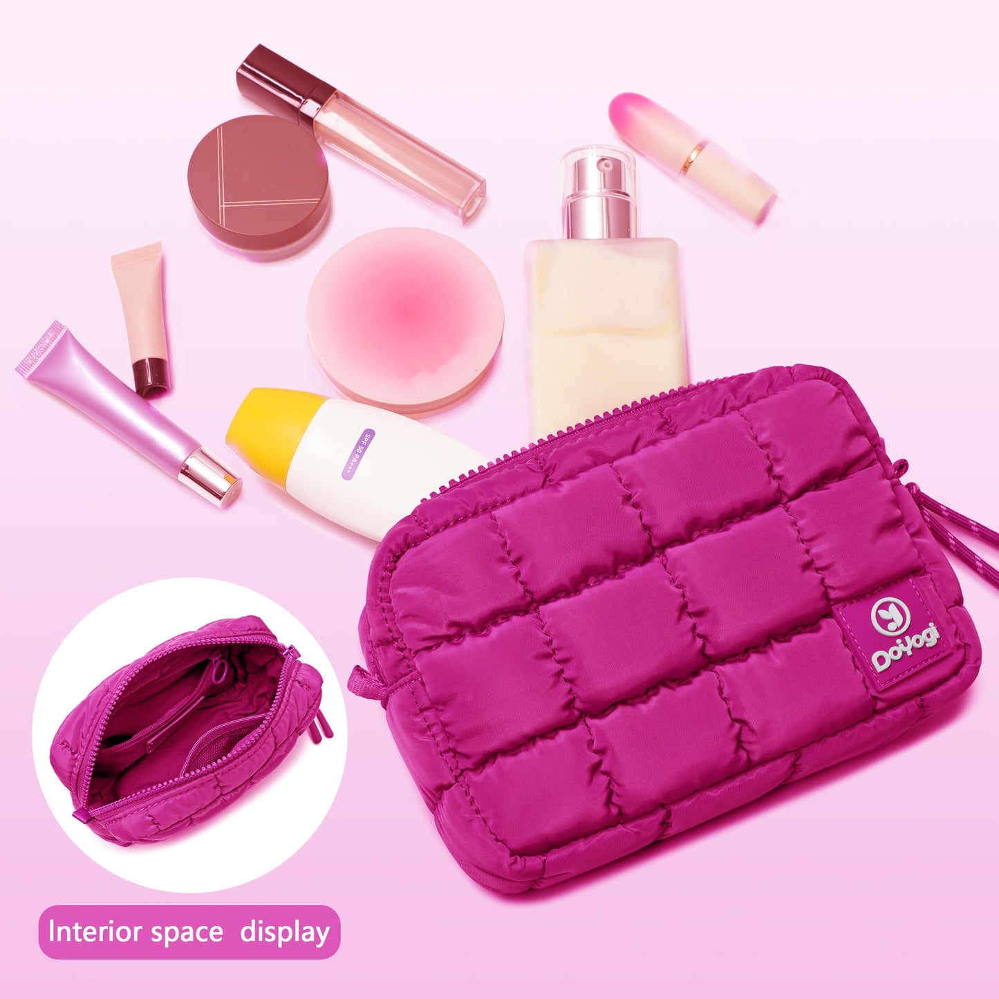 DOYOGI Quilted Cosmetic Bag, Puffer Makeup Bags, Crossbody Purses for women,Cute Travel Toiletry Bag for Women (Rose Red)