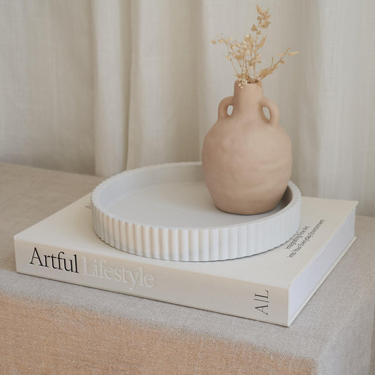 Decorative Concrete Tray & Book Decor Set - Scalloped Tray & Linen Box Enhance Your Coffee Table or Bookshelf Decor - Stylish Home Decoration for Your Living or Dining Room & as a Housewarming Gift