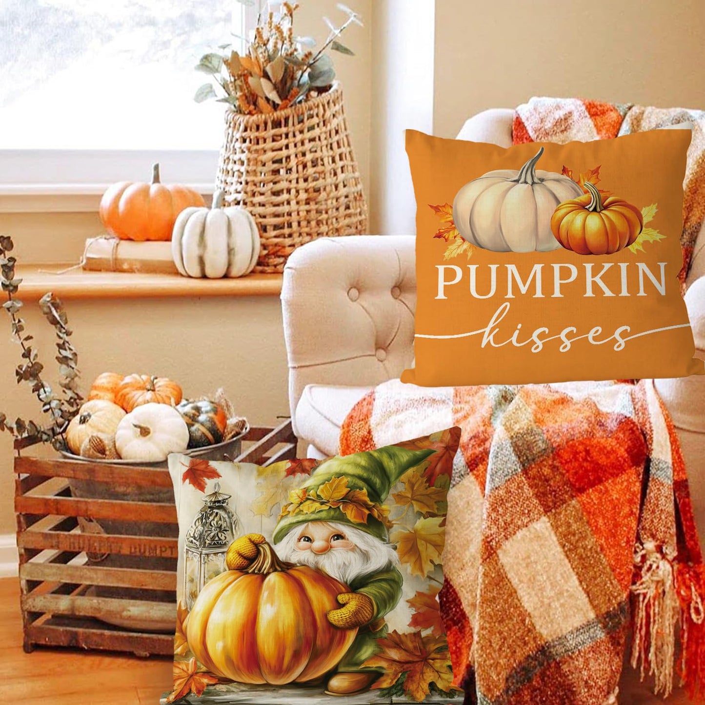 GAGEC Fall Pillow Covers 18x18 Inch Set of 4 Gnomes Pumpkin Maple Leaves Decorative Throw Pillow Covers Harvest Autumn Pillowcase for Farmhouse Home Sofa Living Room Decor