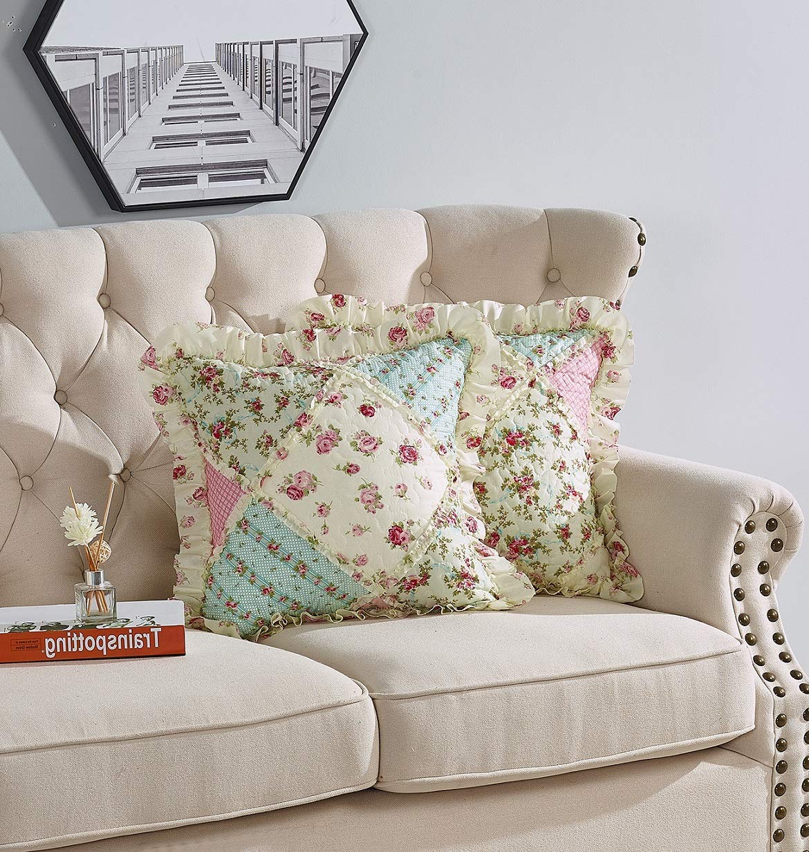 Brilliant Sunshine Roses Ruffle Pillowshams, Quilted Patchwork Decorative Pillow Covers Set, Washable Square Throw Cushion Cases for Couch, Recliner, Armchair, Bed, 18x18, Pack of 2, Pink Green