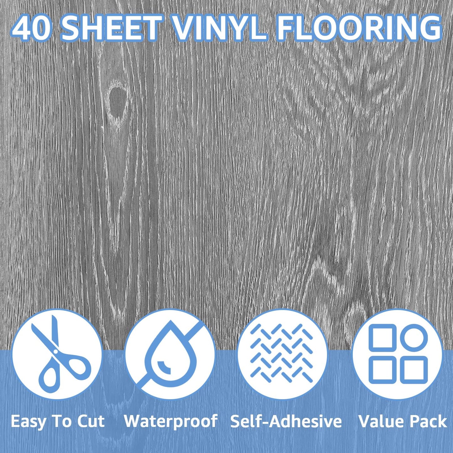 AKOLAFE 40 Sheet Vinyl Flooring 12 x 12 Peel and Stick Floor Tile Waterproof Clearance Vinyl Floor Tiles Wood Grey Self Adhesive Floor Tiles Sticky Laminate Flooring for Bathroom Kitchen Basement RV