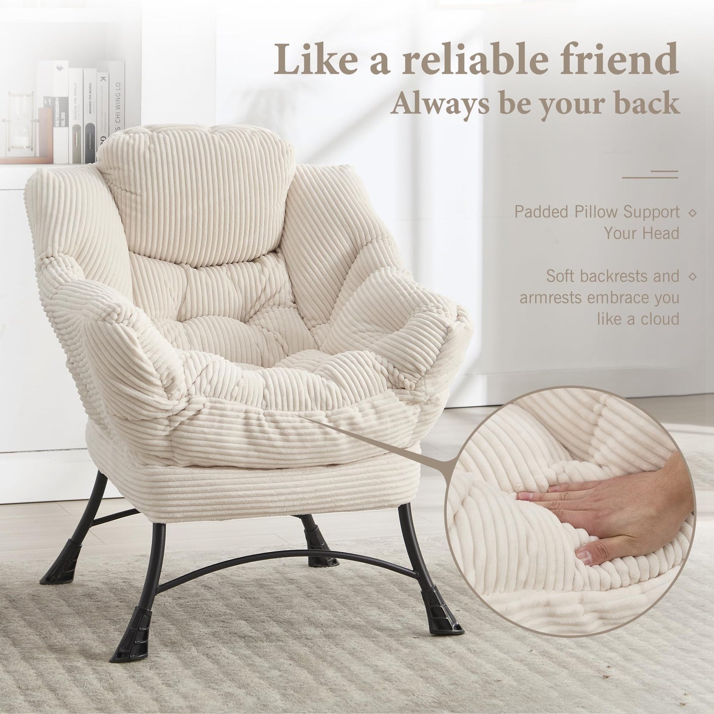 HOMEFUN Lazy Chair with Ottoman Bedroom Chairs for Adults Modern Lounge Accent Chair with Armrests, Ergonomic Footrest for Small Spaces, Comfy Reading Chair for Living Room, Bedroom, Office White