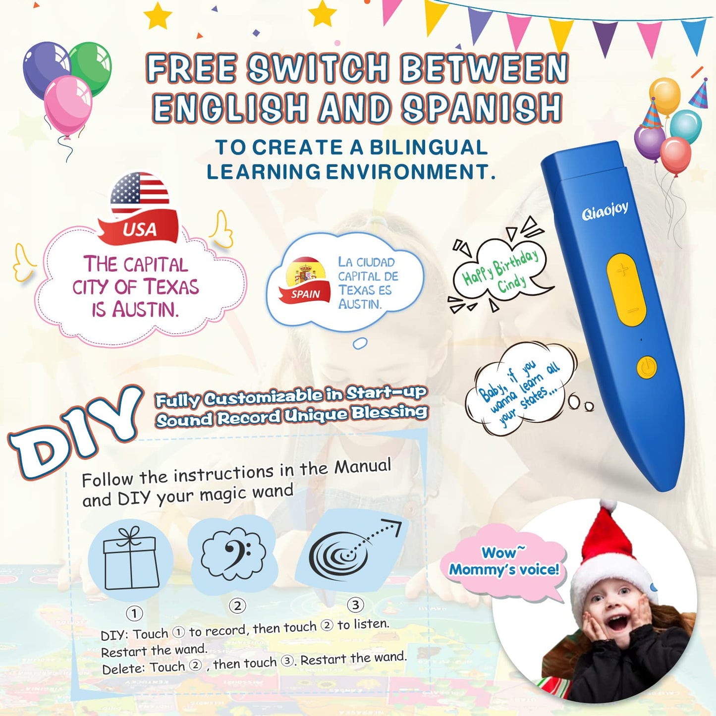 Qiaojoy V2 Interactive Kids Map Bilingual United States Map for Kids Learning, Educational Talking USA Map Poster Geography Games Personalized Kids Toys for Boys & Girls Ages 3-12