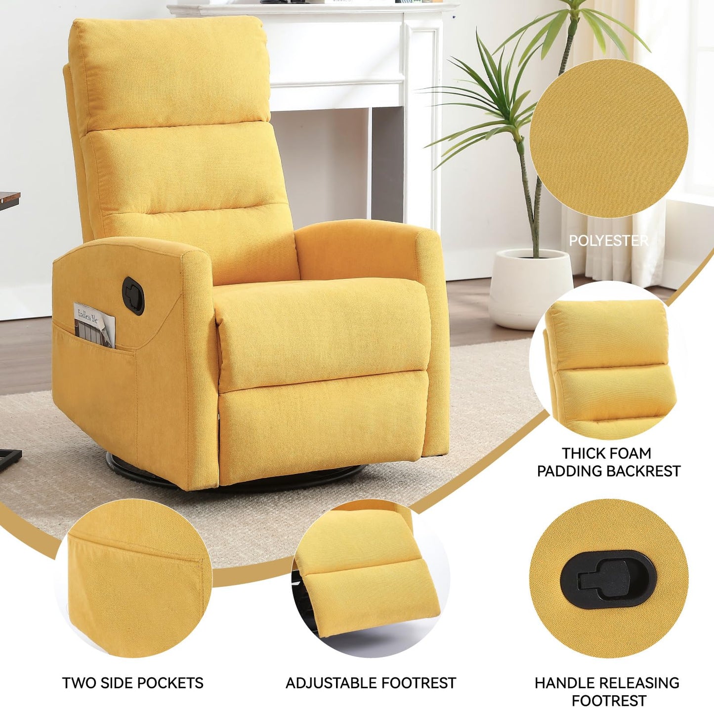360° Swivel Recliner Chair for Adults, Upholstered Glider Rocking Chair Nursery with Adjustable Backrest & Footrest, Small Recliners for Small Spaces Living Room Bedroom (Yellow)