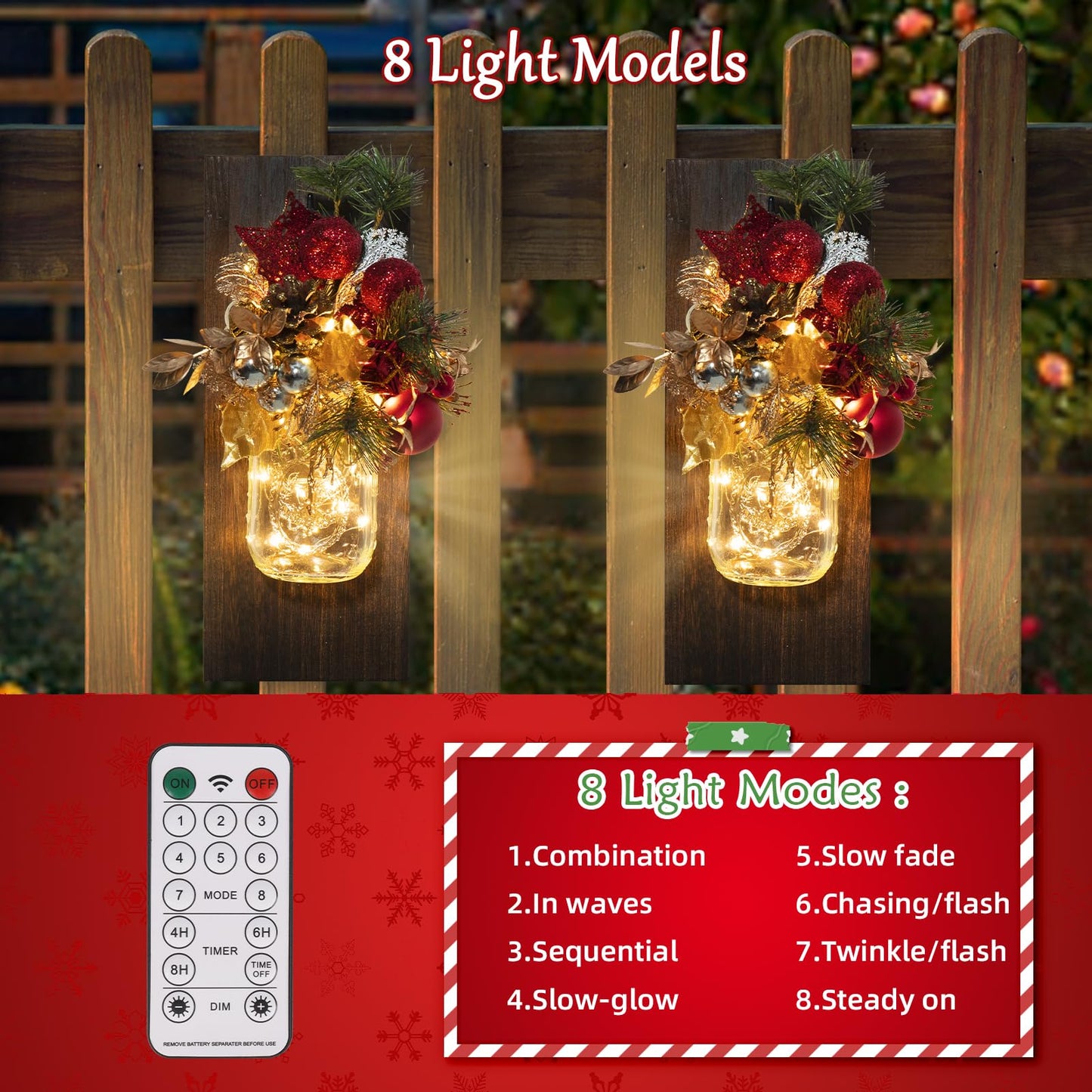 TqsMsp 2Pcs Christmas Mason Jar Wall Sconces, Handmade Rustic Wall Sconces with Remote Control Timer LED Fairy Lights and Red Berry Flowers, Hanging Mason Jar for Xmas Rustic Home Wall Decor (Gold)