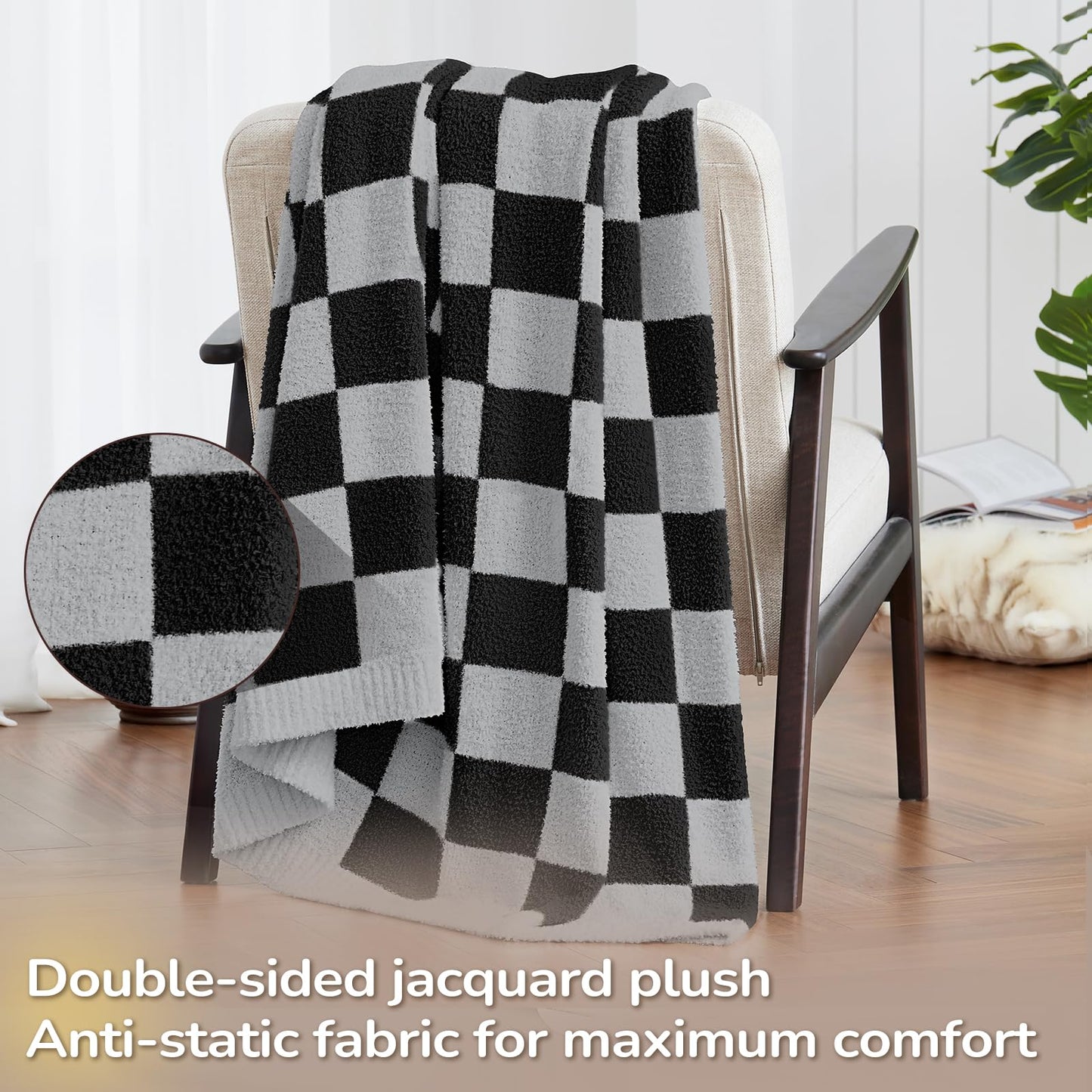 Basic Beyond Black Throw Blanket for Couch, Super Soft Fluffy Checkered Blanket, Cozy Fuzzy Throw Blankets for Bed, Sofa, Chair, 50x60