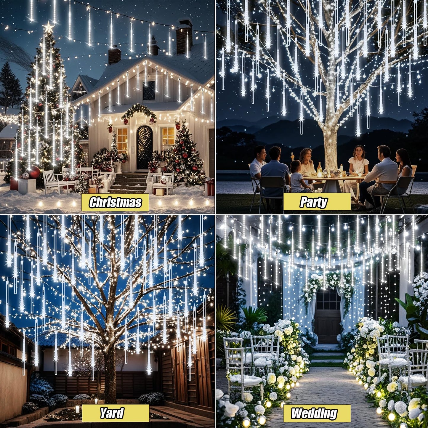 Adecorty Christmas Lights Outdoor, Meteor Shower Lights 8 Tubes 192LED UL Certified Snow Falling Rain Cascading Icicle Light for Xmas Tree Christmas Decorations Outdoor Wedding Party Window, White