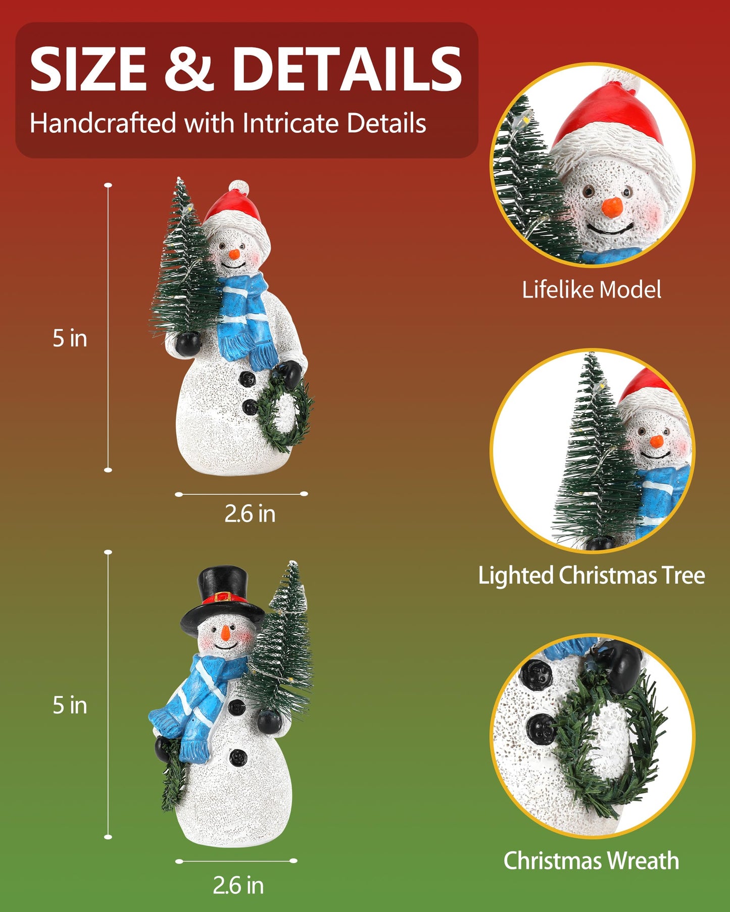 GoGnome Duo 5'' Resin Snowman Figurines with Lighted Christmas Tree Wreath - Christmas Decorations Indoor Snowman Decor Ornaments Centerpiece - Winter Holiday (Snowmen)