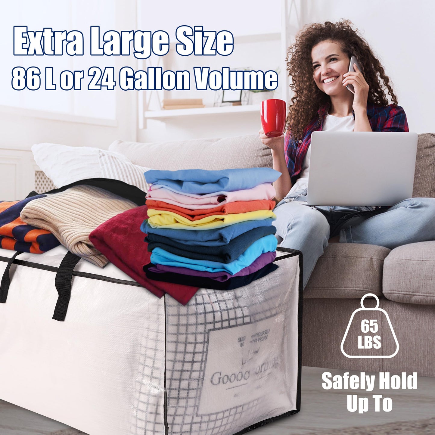 SWEET DOLPHIN 12 Pack Extra Large Moving Bags with Strong Zippers & Carrying Handles, Heavy Duty Storage Tote for Space Saving Moving Storage, Fold Flat, Alternative to Moving Box, Semi-Transparent